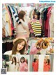 A collage of photos of a woman in a clothing store.