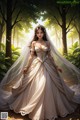 A woman in a wedding dress standing in the woods.